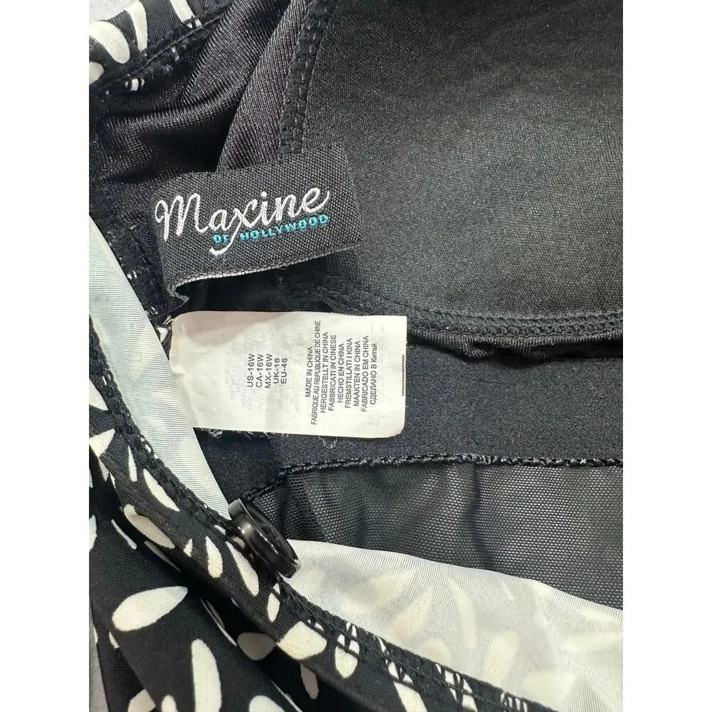 Maxine Black & White Abstract Floral Swim Dress One Piece Plus Size 16W